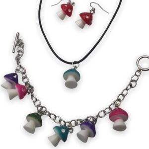 Mini mushroom necklace, charm bracelet, & earrings set